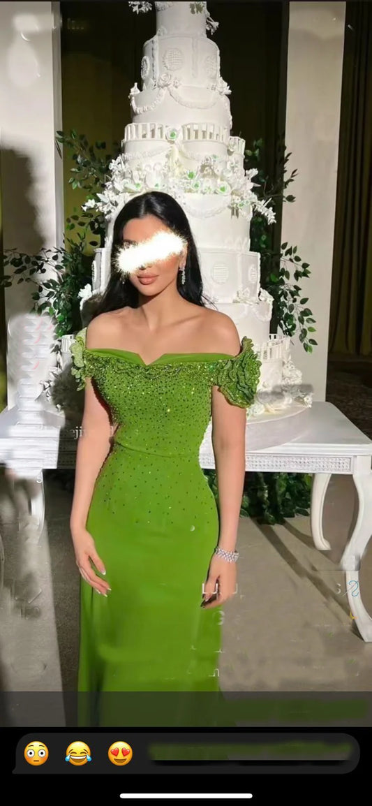 Gorgeous Prom Dress Off The Shoulder Short Sleeve Shining Crystal Hand Made Flower Prom Dresses Evening Dresses Woman