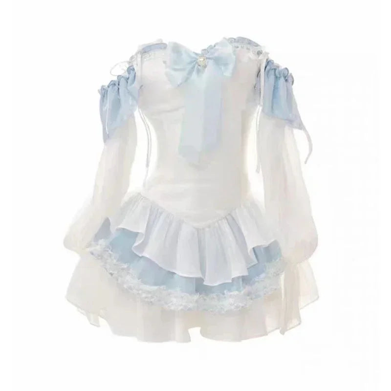 WARMMETA Summer Blue Lolita Clothing Suit Slim Vest + Kawaii Y2k Mini Dress Elegant Short Party Dress Japanese Style Fashion Suit