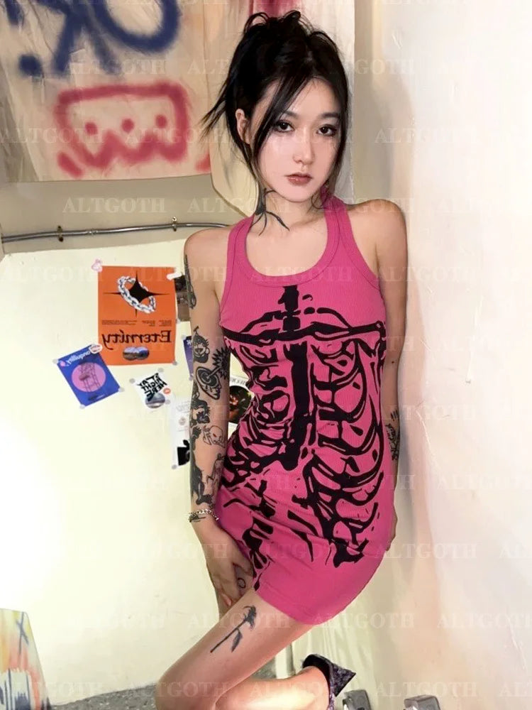 WARMMETA Emo Alt Y2k Pink Dress Women Streetwear Gothic Dark Skeleton Print Sleeveless Bodycon Dress Harajuku Grunge Rave Outfits