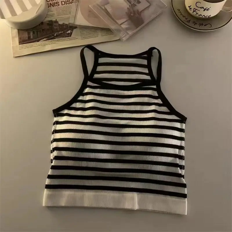 Korean Version Women Tank Tops Thread Solid Casual Fashion Crop Top with Chest Pad Stripe Sleeveless Outer Wear Basic Camisole