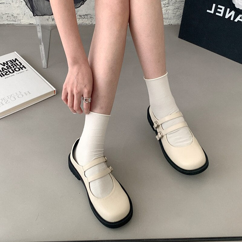 Bailamos Women Flat Women's Square Toe Retro Single Shoes One Word Buckle Shallow Mouth Mary Jane Shoes Split Toe Shoes Sandals