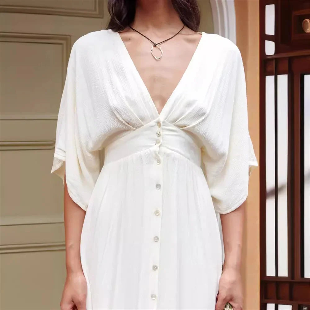 Chic Casual White Linen Maxi Dress for Women Summer V Neck Short Batwing Sleeve Single Breasted High Waist Loose Dresses Street