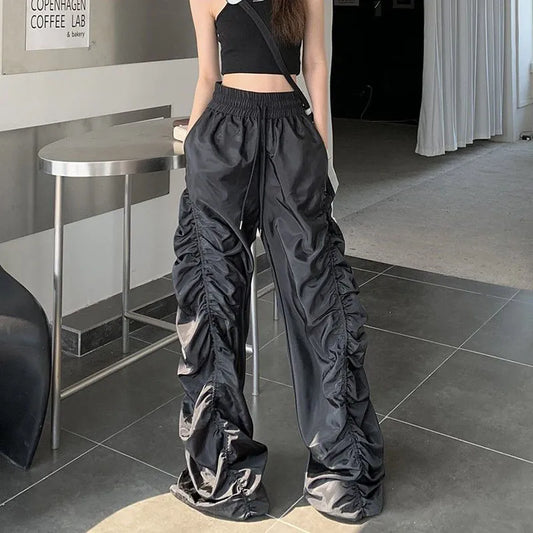 Lucyever Y2K Vintage Folds Wide Leg Trousers Women Diablo Style High Waist Drawstring Full Pants Unisex Bf Baggy Casual Pants