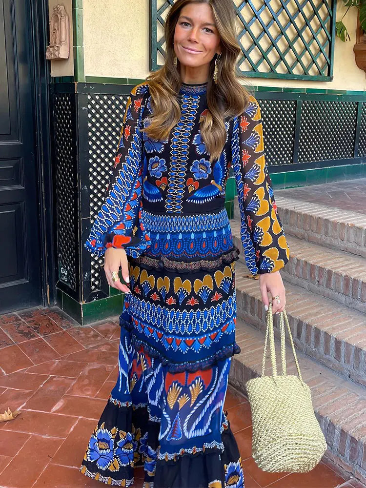 Women National Style Printed Long Sleeved Maxi Dress Fashion O-neck Loose Pleated Dress Summer Female Chic Vacation Vestidos