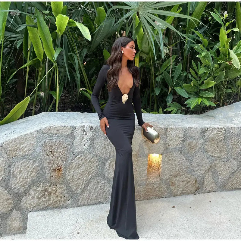 2024 Women Elegant Black V-neck Maxi Dress Summer Chic Long Sleeve Bodycon Vestidos Female Fashion High Street Long Robe