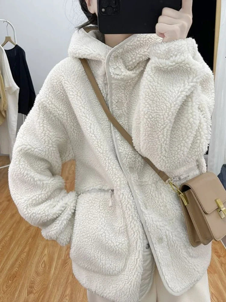 warmmeta New Korean Fashion Jacket Women Autumn/Winter Single Breasted Hooded Imitation Lamb Wool Top Vintage Thick Coat Women Clothing