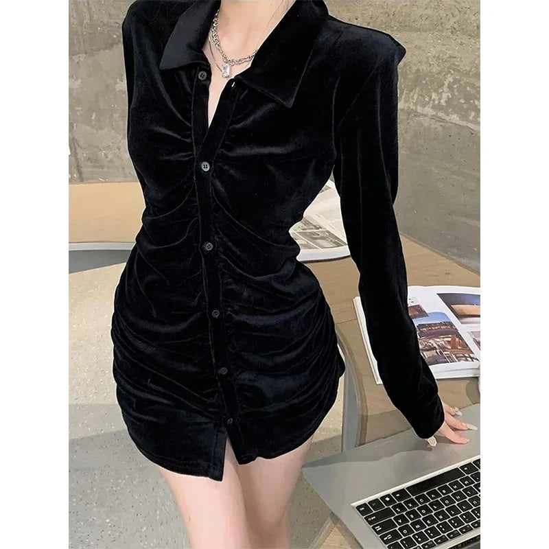 Vintage Shirts Women Black Velvet Pleated Blouses Korean Elegant Folds Turn Down Collar Long Sleeve Slim Chic Casual Tops