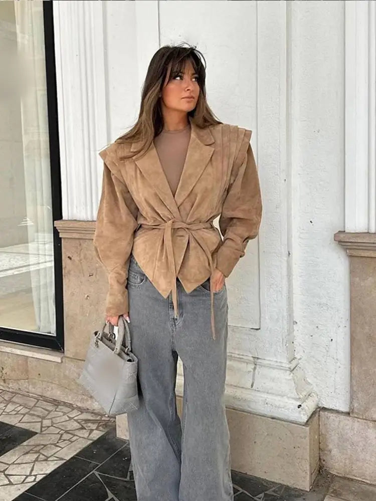 Fashion Solid Irregular Hem Lapel Jackets With Belt Women Elegant Long Sleeve Button Pleated Coats 2024 New Lady Chic Outerwear