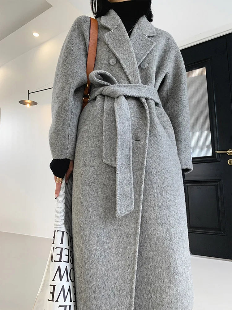 New High-end Women Wool Herringbone Loose Double-sided Wool Coat Temperament Handmade Natural Wool Fashion Jacket Autumn Winter