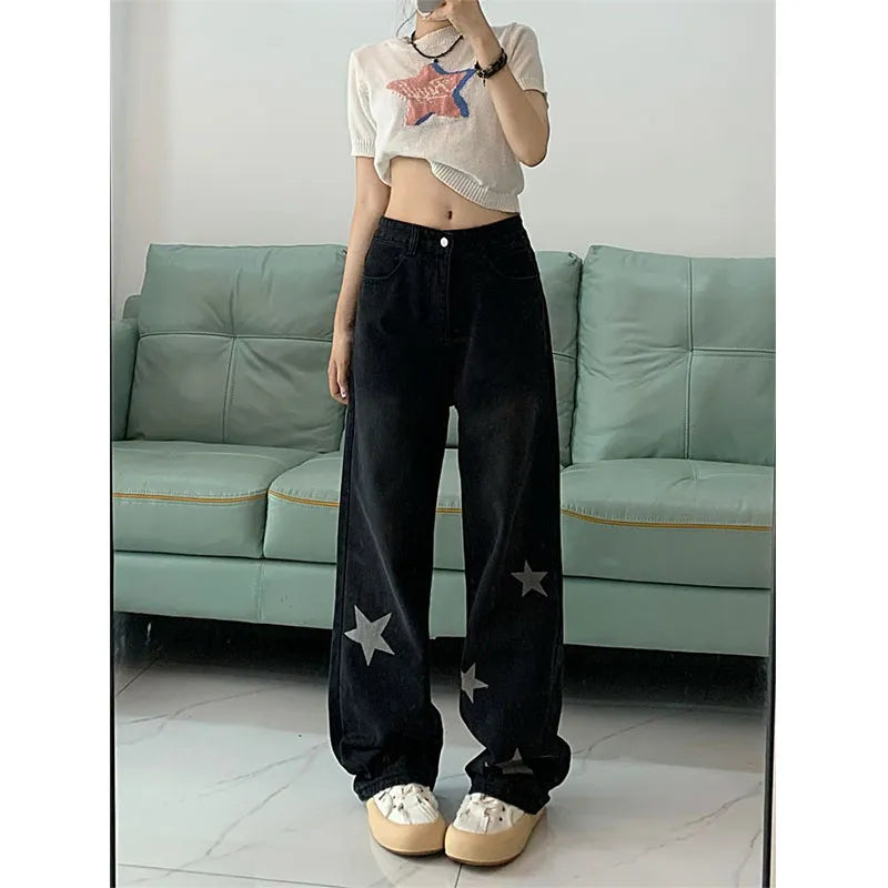 American Vintage High Waist Slim Straight Wide Leg Jeans Women's Autumn New Star Print Button Zipper Pockets Trendy Loose Pants