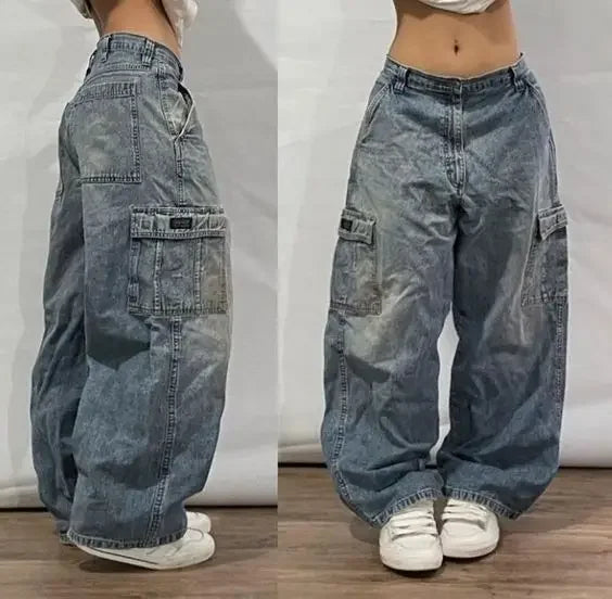 warmmeta Street Vintage Jeans New Y2K Harajuku Wash blue Multiple pockets Baggy Jeans Denim Pants Mens Womens High Waist Wide Trousers