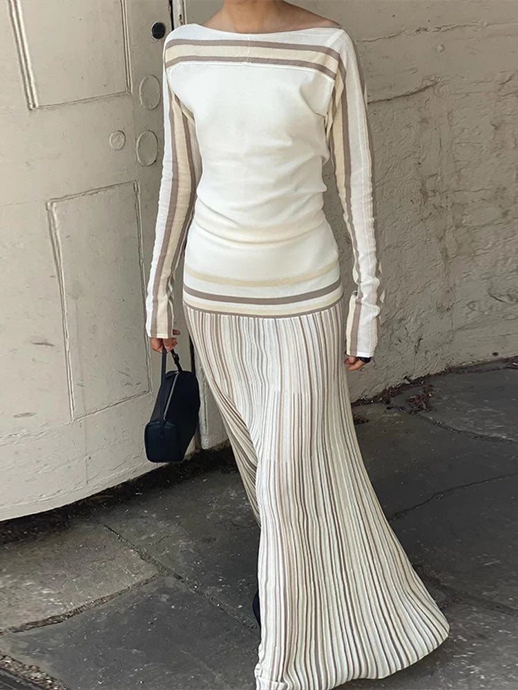 Women Elegant Striped Full Sleeved Top Long Dress Suits Chic Round Neck Slim Tops Pleated Skirt Set Fashion Lady Street Outfits