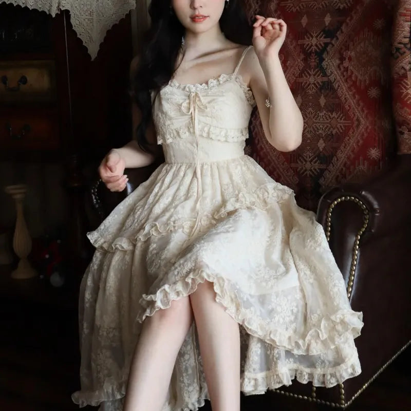 Lace Elegant Sweet Midi Dresses Women Japanese Kawaii Fairy Vintage  Dress Female Casual Cute Vintage Strap Dress Summer 2023