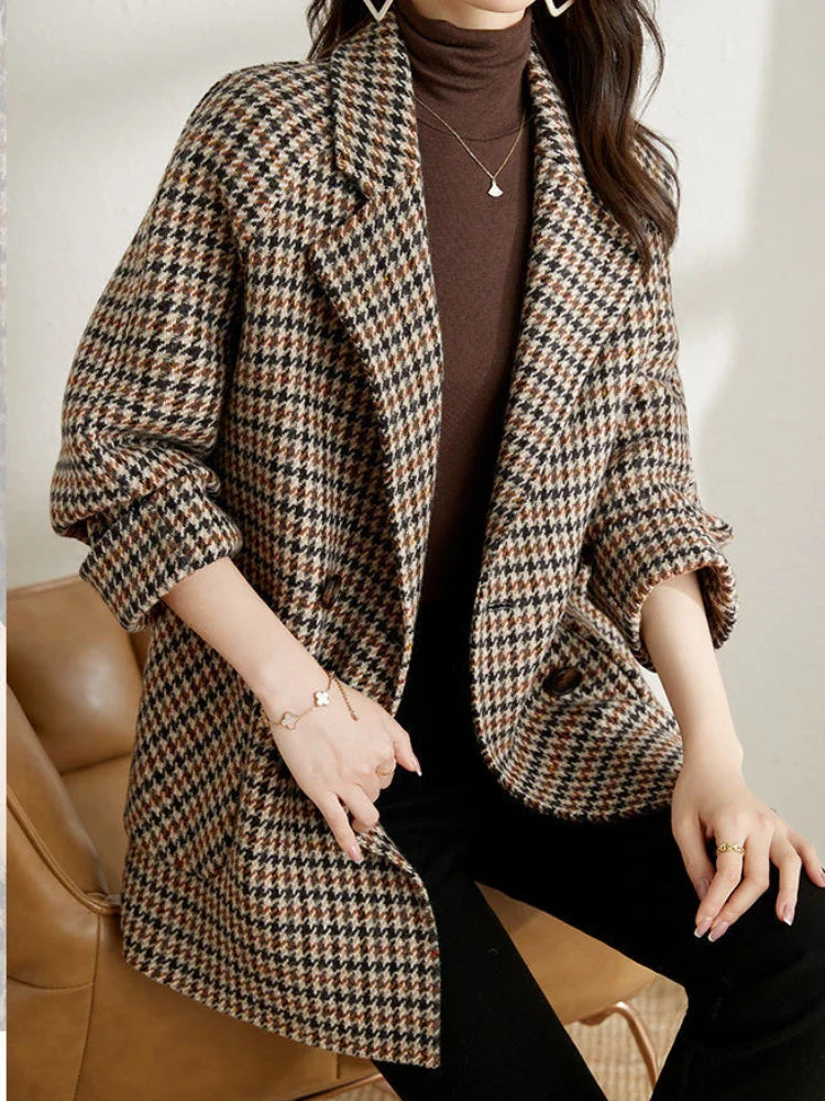 warmmeta  2 New Vintage Houndstooth Women Woolen Blazer Double Breasted Plaid Female Suit Jacket Fashion Korean Outerwear Loose Blaser Coat