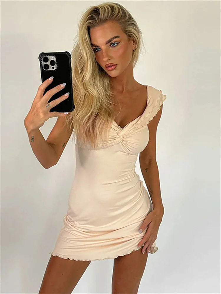 Picsgirl Tossy V-Neck Twist Backless Mini Dress Ruffled Female Slim Patchwork Summer Casual Solid Bandage Dress Elegant Women Mini Dress