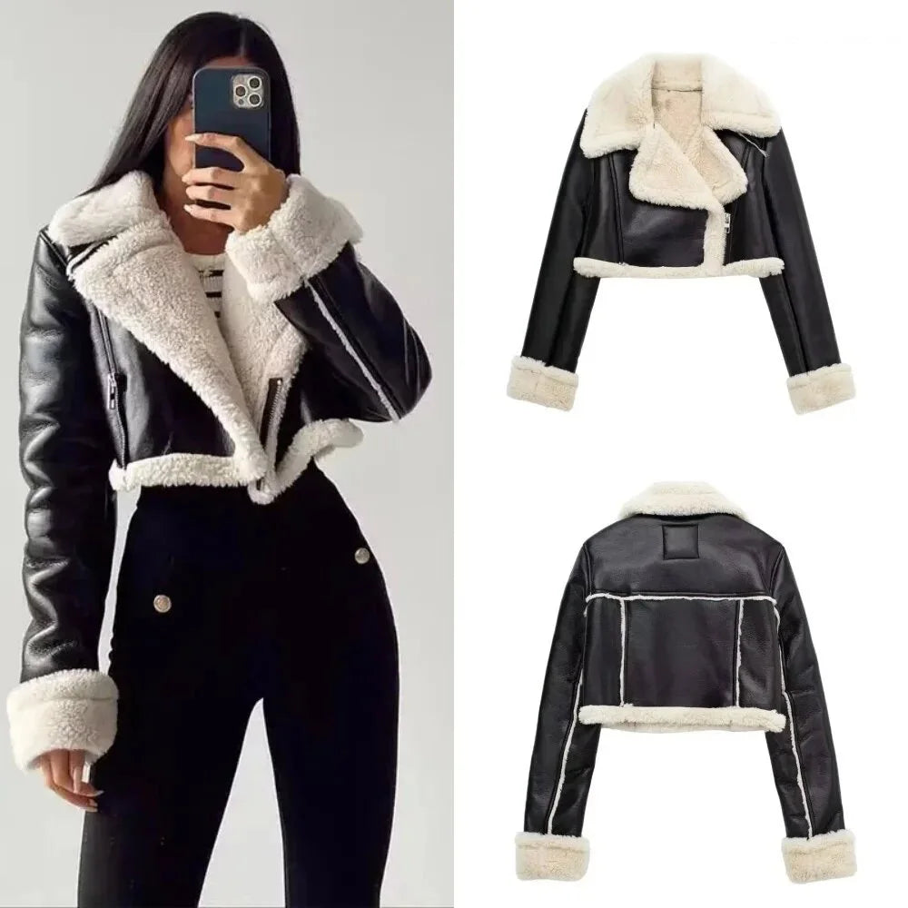 Women's Cropped Leather Jacket Coat Black Wool Blends Coats Bomber Tweed Jacket Autumn Winter Leather and Fur Crop Jacket