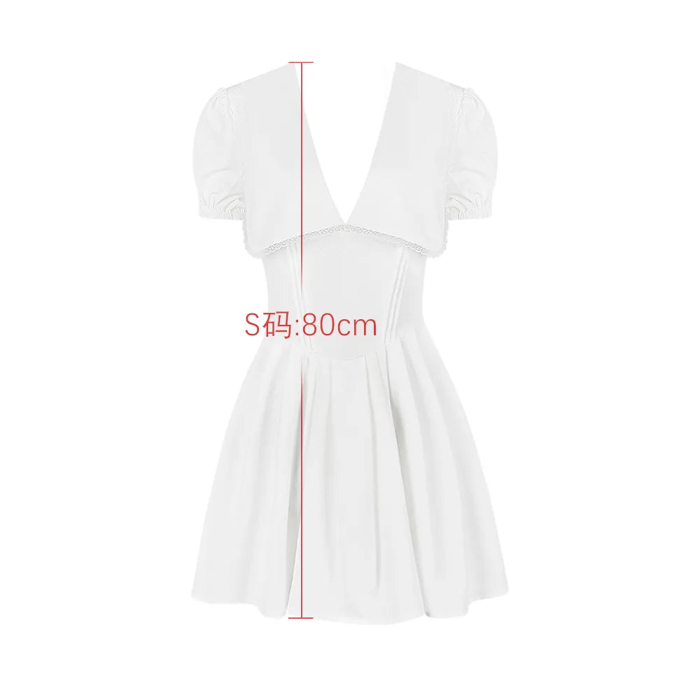 Summer White Puff Sleeve Dress Mini A Line Dollar Collar Party Holiday Dress Casual Short Sleeve Women's Dress 2023