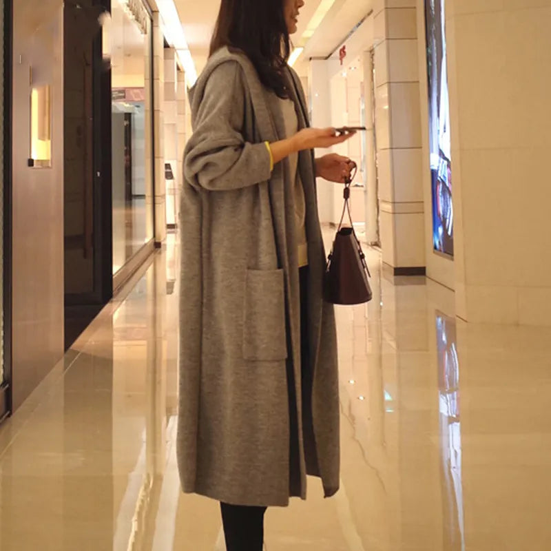 Korean  design Women's Clothing  Long Tunic Elegant Cardigan coats  Vintage ladies Hooded long Overcoat