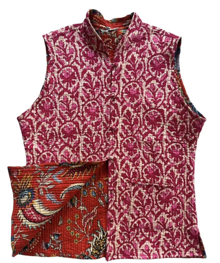 warmmeta Women Printed Embroidery Reversible Vest Jacket Vintage National Style Casual Patchwork Vests Elegant Streetwear Waistcoat