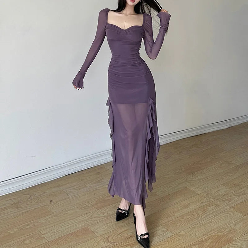 warmmeta-Winter Party Queen Purple Mature Sexy Beautiful Confident Elegant Graceful Women'S Translucent Thin Straight Dress