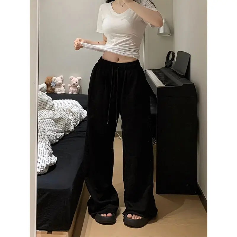 HOUZHOU Casual Grey Sweatpants Women Korean Style Wide Leg Sports Pants Harajuku Basic Oversize High Waist Black Trousers Female