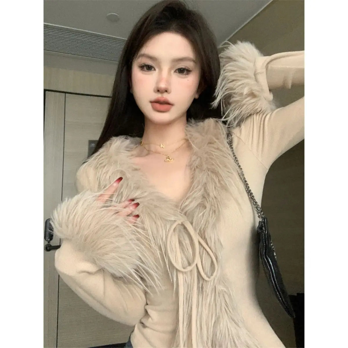 Solid Color Fur Knitted V-neck Tie Cardigan Women Clothes Cropped Fashion Hot Girls Y2k Tops Korean Atmosphere Slim Fit T-shirt