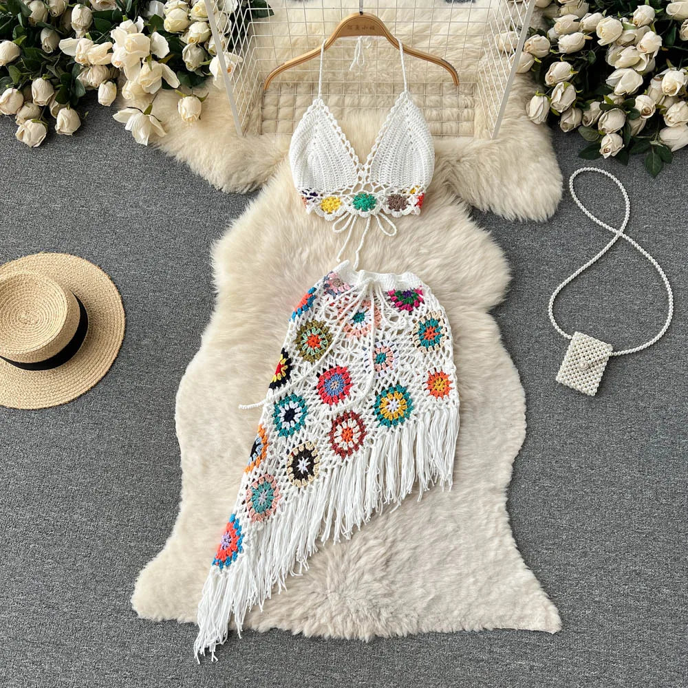 Bohemian Two Piece Knitted Sets Summer Hook Hollow Out Camisole Floral Irregular Tassel Skirt Sexy Beach Style Suits