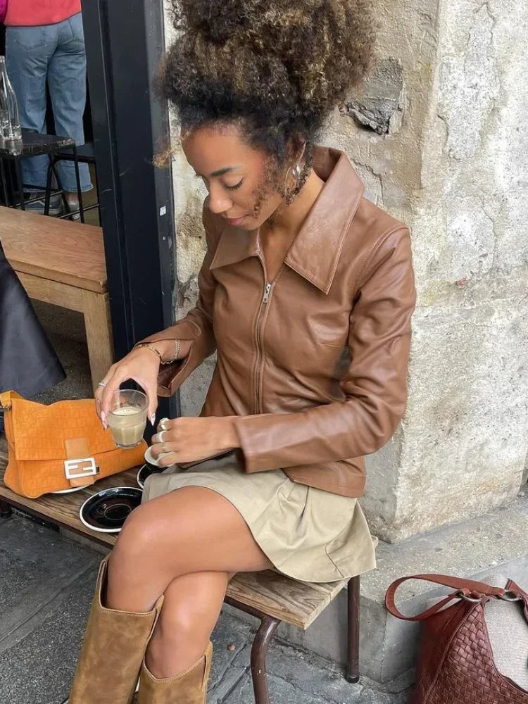 Women Vintage Brown Double Head Zipper Short Leather Jacket Elegant Lapel Long Sleeves Cropped Coats Autumn Chic Lady Outwears