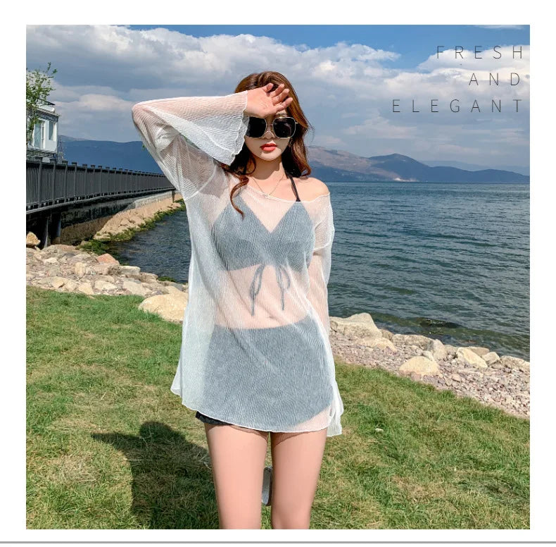 Women Fantasie High Waist 3 Piece Cover Up Swimwear Swimsuit Korean Style Vacation Swim Beach Wear Cardigan Bathing Suit