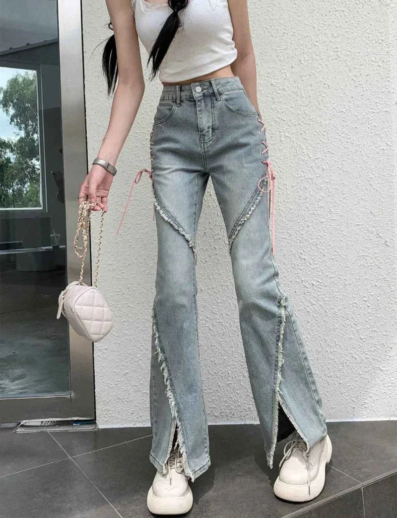 American Split Jeans Women Pink Bandage High Waist Irregular Spliced Denim Pants Zipper Fly Trousers Y2k Pantalon Femme