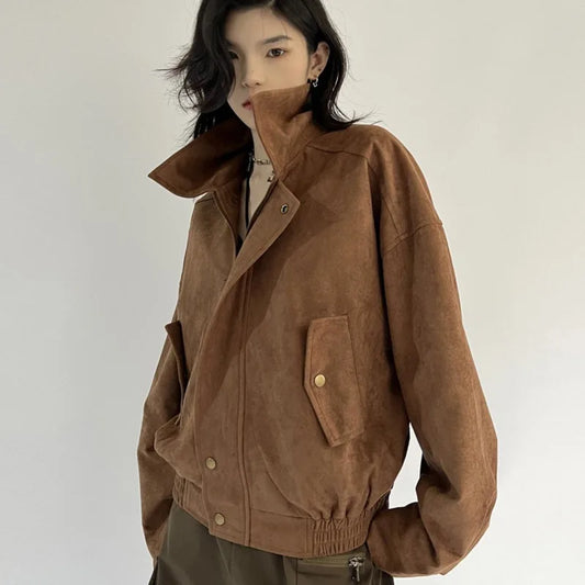 American Vintage Brown Bomber Jackets For Women High Street Motorcycle Coat Antumn Winter Female Fashion Top Button Zip Jacket