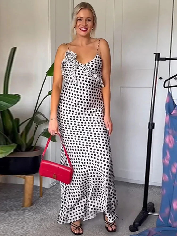 Vintage Polka Dot Printed Women's Maxi Dress Sexy Skinny V Neck Backless Suspender Vestidos 2024 Summer Lady Party Elegant Robe