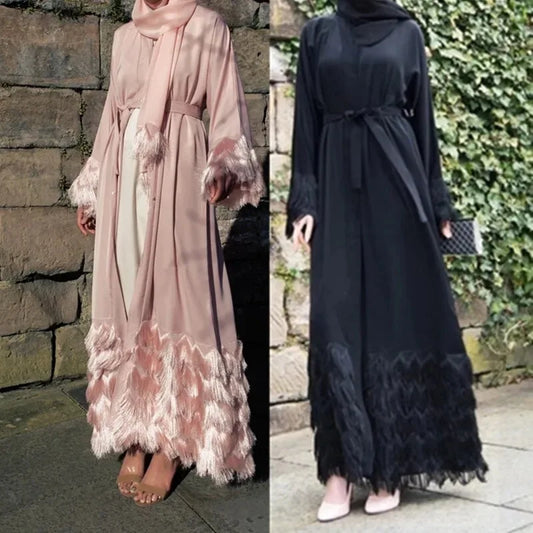 warmmeta-Elegant Thick Fluffy Lace Tassel Abaya Muslim Dress Full length Dubai Female Flare sleeve Islamic Dress wy1333 dropshiping