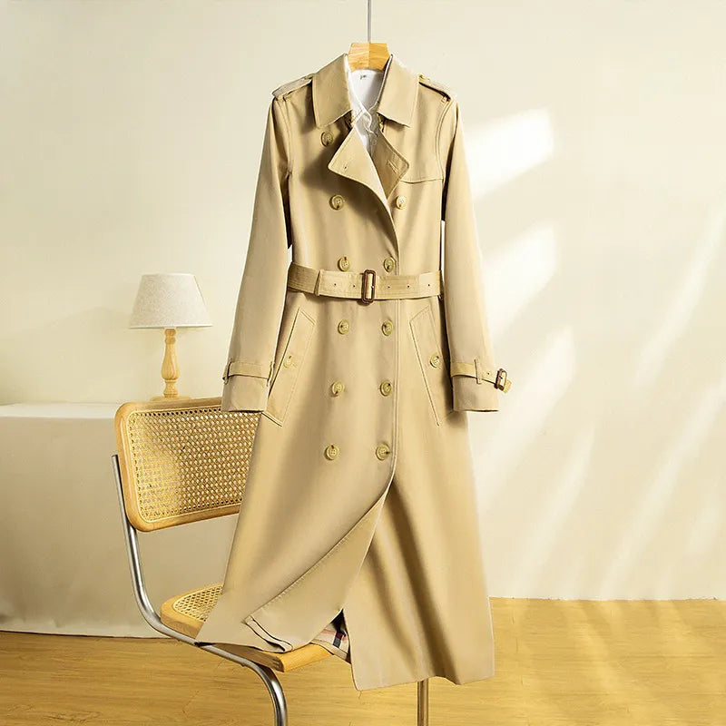 New British trench coat Women's coat Classic plaid double breasted lapel waterproof high-end women's casual loose length coat