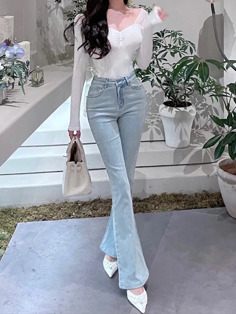 Blue Elegant Sweet Y2K Jeans Women High Waist Casual Vintage Flare Pants Female Bodycon Korean Fashion Denim Pants Winter 2023