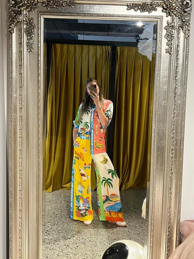 Casual Tropical Style Printed Pants Suit Women Short Sleeve Shirts Loose Wide Leg Trousers Set Female Holiday Summer Beachwear