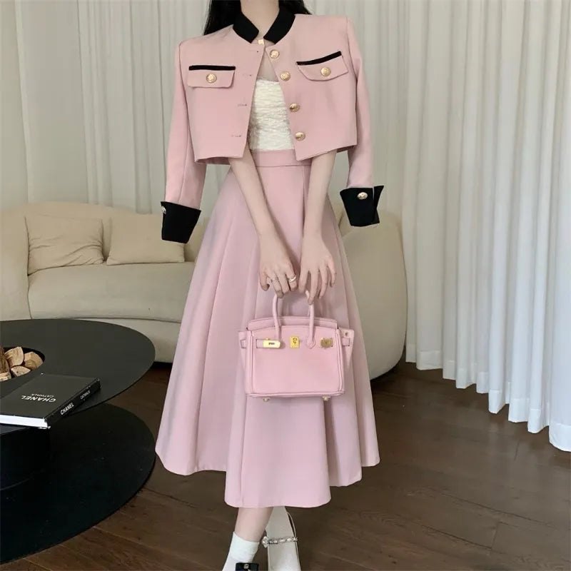 New Designer Autumn Two Piece Set Women Single Breasted Short Jacket Coat + High Waist Midi Aline Skirts Set Office Lady Elegant