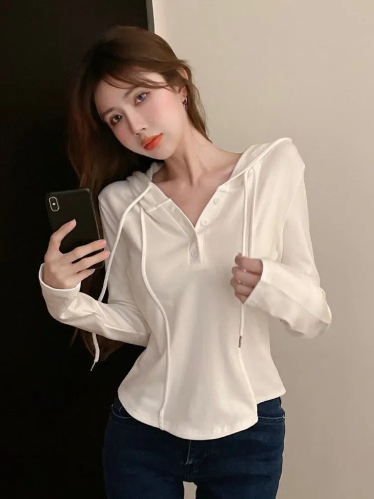 Deeptown Korean Style Slim Crop Hoodies Women Pullovers Kpop Solid Hooded Sweatshirt White Long Sleeve Tops 2022 Autumn Fashion