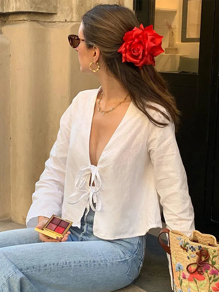 Women Spring New Lace Up White Shirt Elegant V Neck Long Sleeve Cropped Blouse Fashion Summer Chic Female High Street Thin Tops