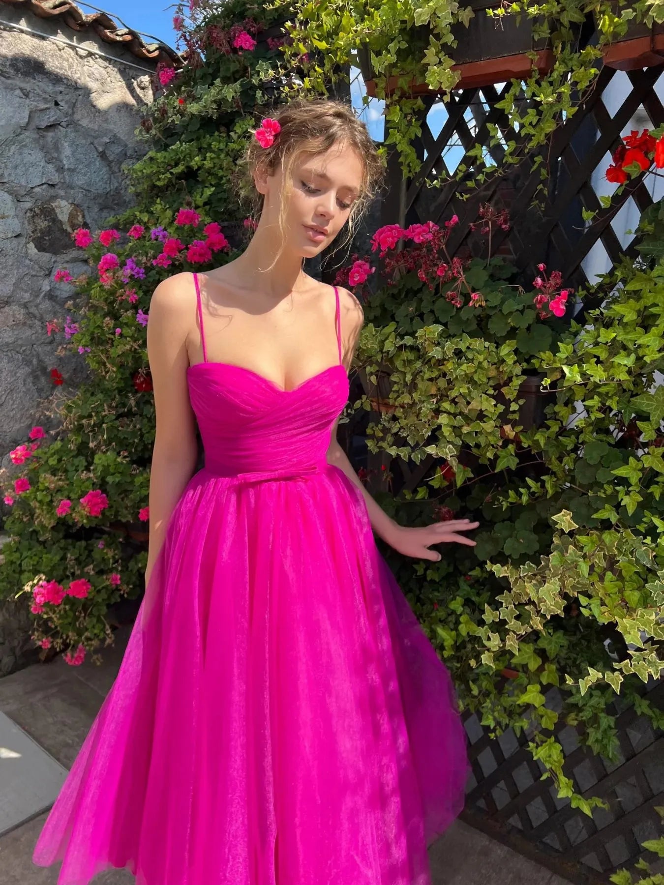 Fushcia Tulle Birthday Dress Women 2023 Spaghetti Straps Magic Awn Bridesmaid Gown Sweetheart High Waist Vestidos De Fiesta