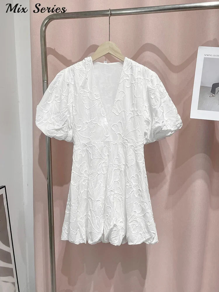 warmmeta Fluffy Short Puff Sleeve Dress Women White High Waist V-neck Mini Dresses 2024 Summer New Ladies Elegant Vestidos