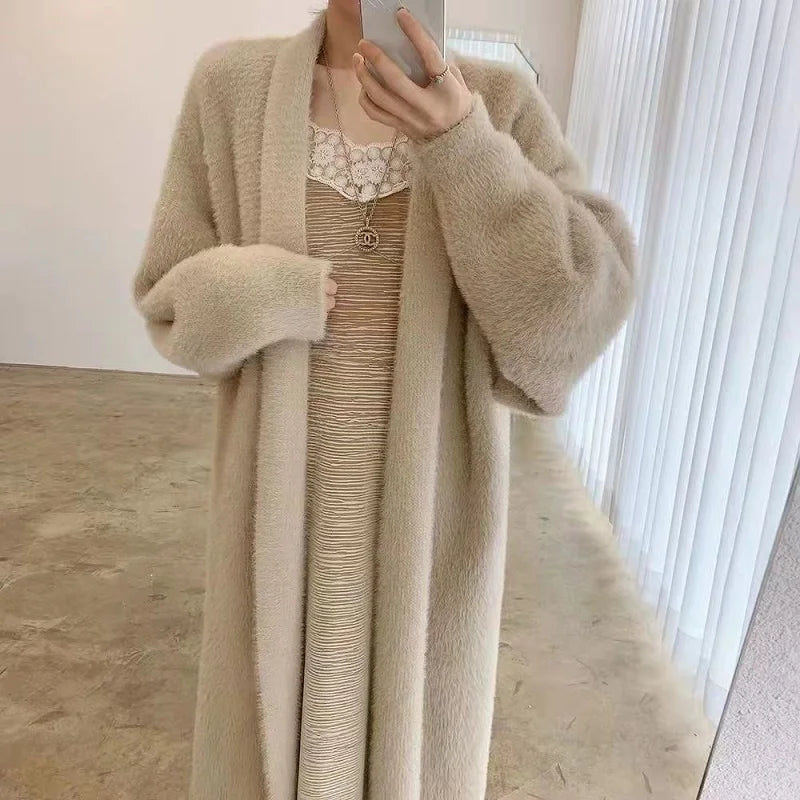 white Long Cardigan for women  new winter clothes Knitted fluffy long sleeve Cashmere sweater coat korean style warm vintage