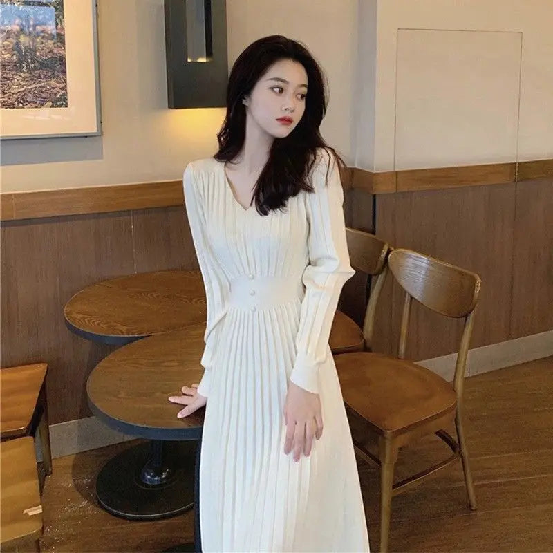 autumn and winter Korean dramas coat sweater medium length bottom pullover femaleWhite knitted inner layer pullover dress women