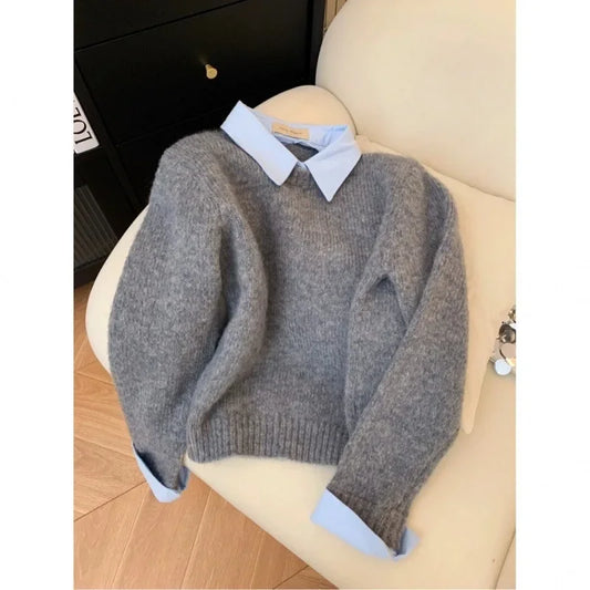 Women's Autumn Collection Two-Piece Knitted Top Grey Polo Collar Sweater Idle Style Color Blocking Lapel Pullovers