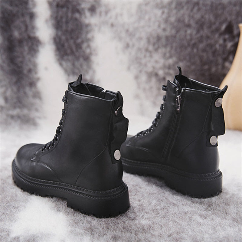 COOTELILI Fashion Zipper Flat Shoes Woman High Heel Platform PU Leather Boots Lace up Women Shoes Ankle Boots Girls 35-40