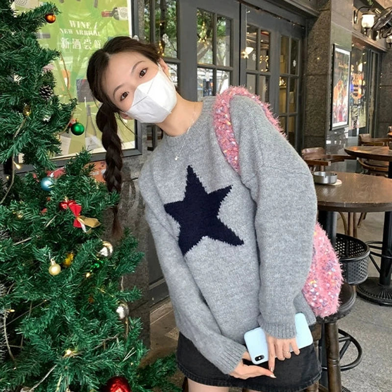 Star Pullover Sweater Women Korean Fashion Loose O-Neck Warm Fall Winter Knitwear Pretty Style Hip-Hop Lazy Female Jumpers Tops