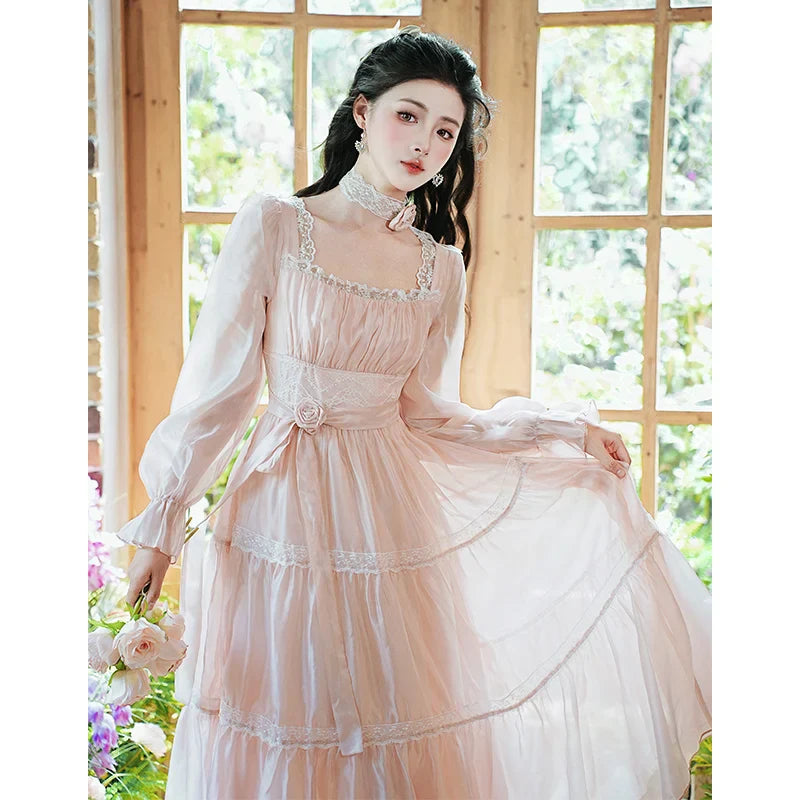 Rosepetal River Fairycore Princess Dress with Choker Necklace