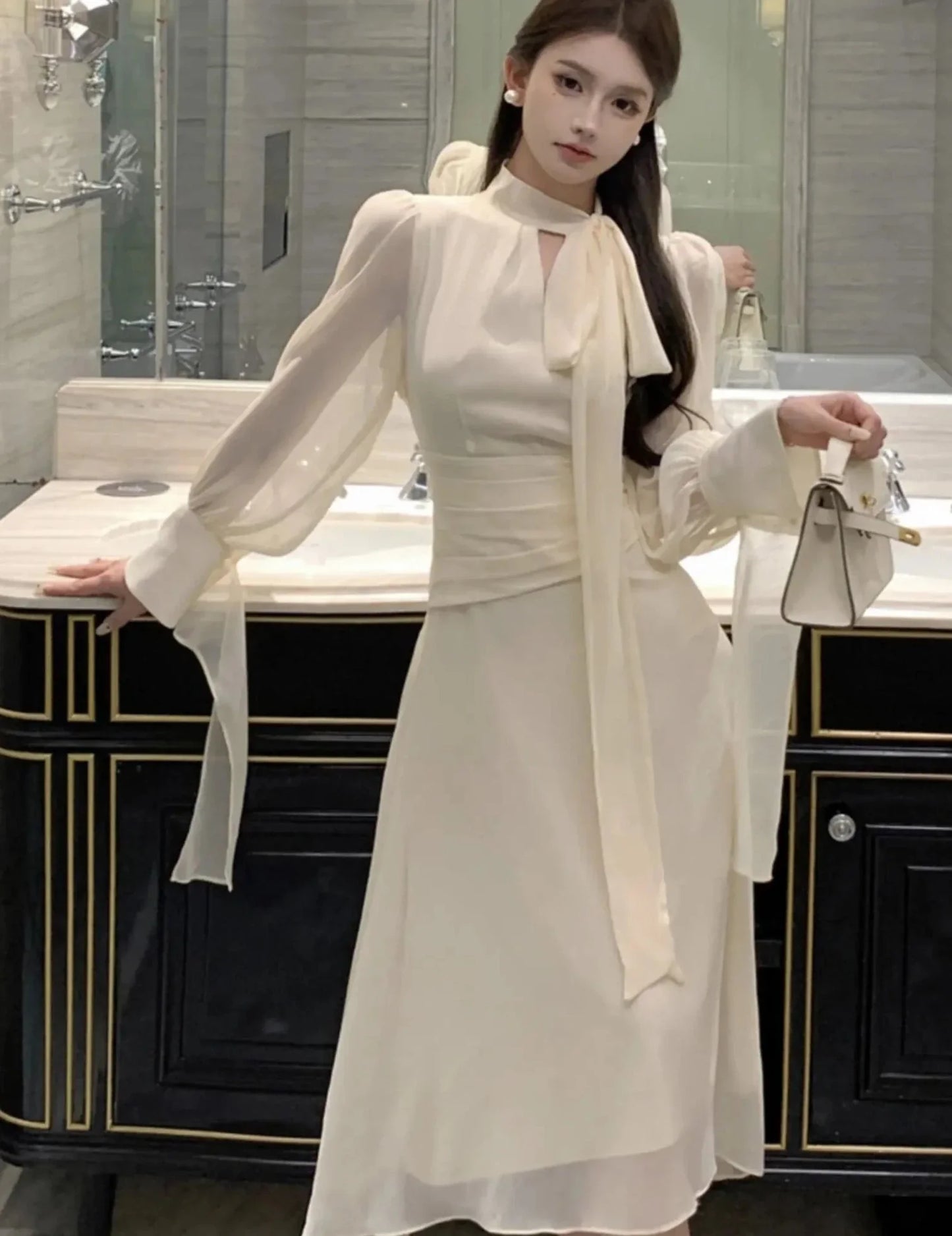 warmmeta Korean Chic Irregular Midi Dress Elegant Lace Up Long Sleeve A-line Vestidos Women French Fashion Fairy Holiday Clothes