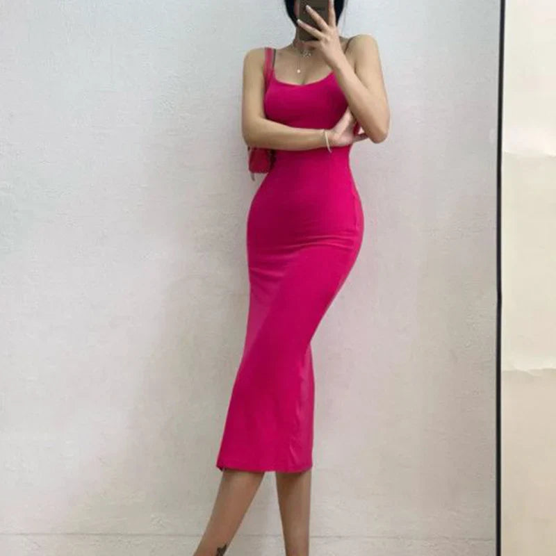 warmmeta-2024 New Sexy Sleeveless Slim Long Dress Women Party Club High Split Spaghetti Strap Dresses Woman Bodycon Dress Female