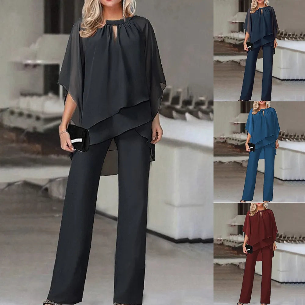 Fashion Solid Women Set Elegant Two Piece Set Casual Irregular Suit Loose Half Sleeve Tops+High Waist Wide Leg Pants Set Outfits